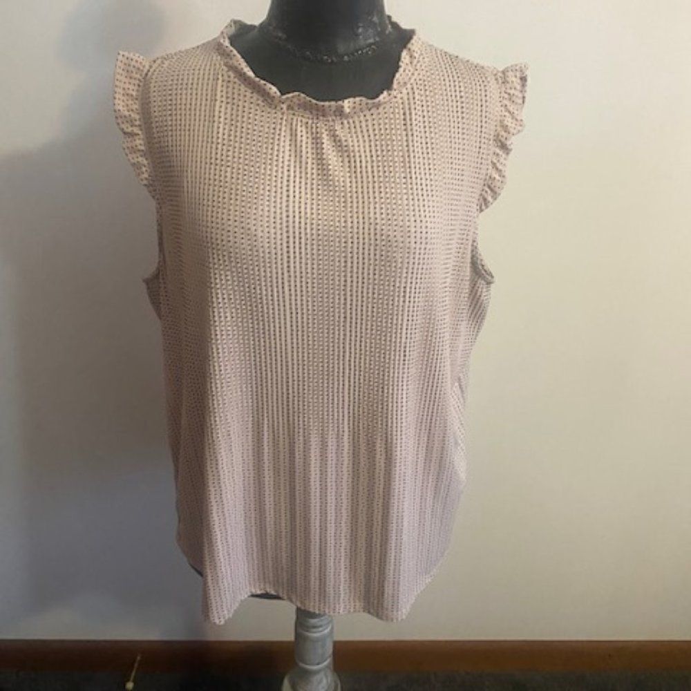 Adrianna Papell Blush Pink Black Polka Dot Ruffle neck blouse, size XL